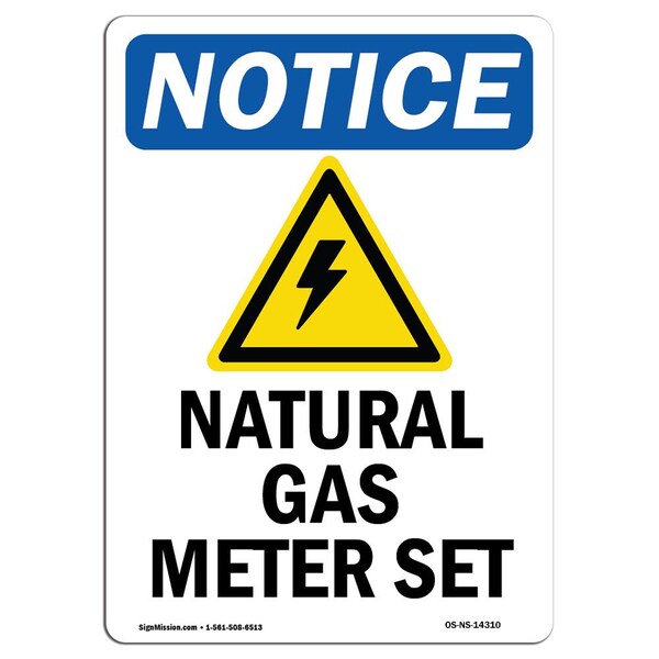Safety Sign, OSHA Notice, 24" Height, Natural Gas Meter Set Sign With Symbol, Portrait